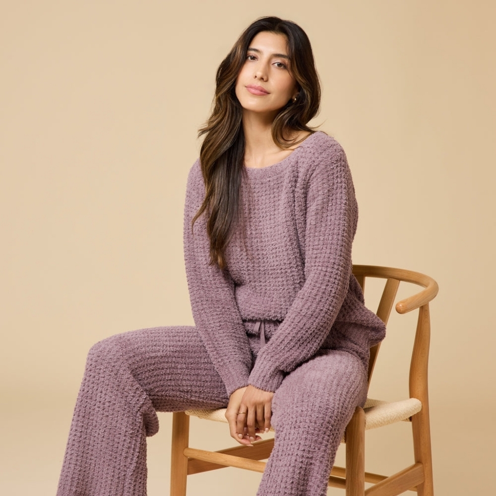NWT Softies Waffle Marshmallow Boatneck Lounge Set Pajamas PJs Fleece Driftwood - Picture 2 of 7